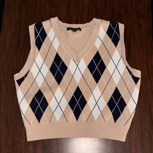 Sweater Vest - Haute Monde Beige and Navy Argyle Sleeveless Top
